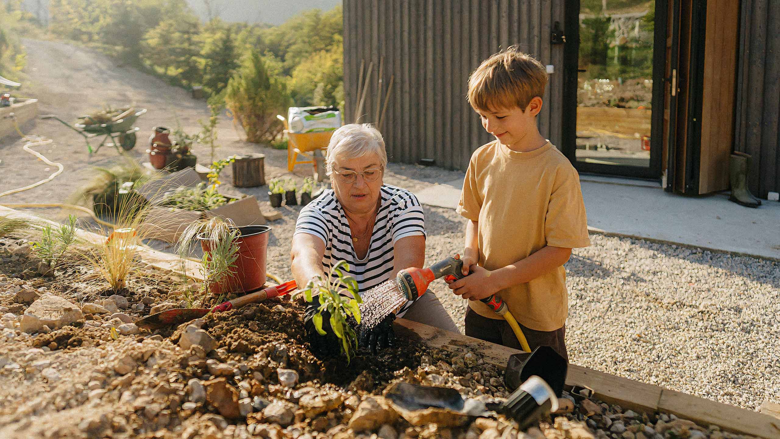 Grandmother and grandson planting in a garden bed